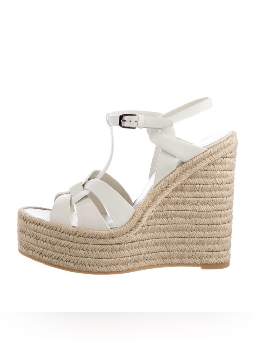 Saint Laurent White Leather Espadrille Wedge Sandals